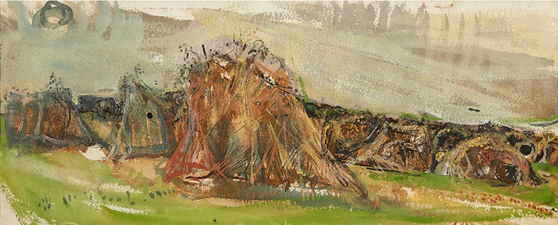 LOT 165 | § JOAN EARDLEY R.S.A (SCOTTISH 1921-1963) | HAYSTOOKS Pen and ink and watercolour | 23cm x 57cm (9in x 22.25in) | £3,000 - £5,000 + fees